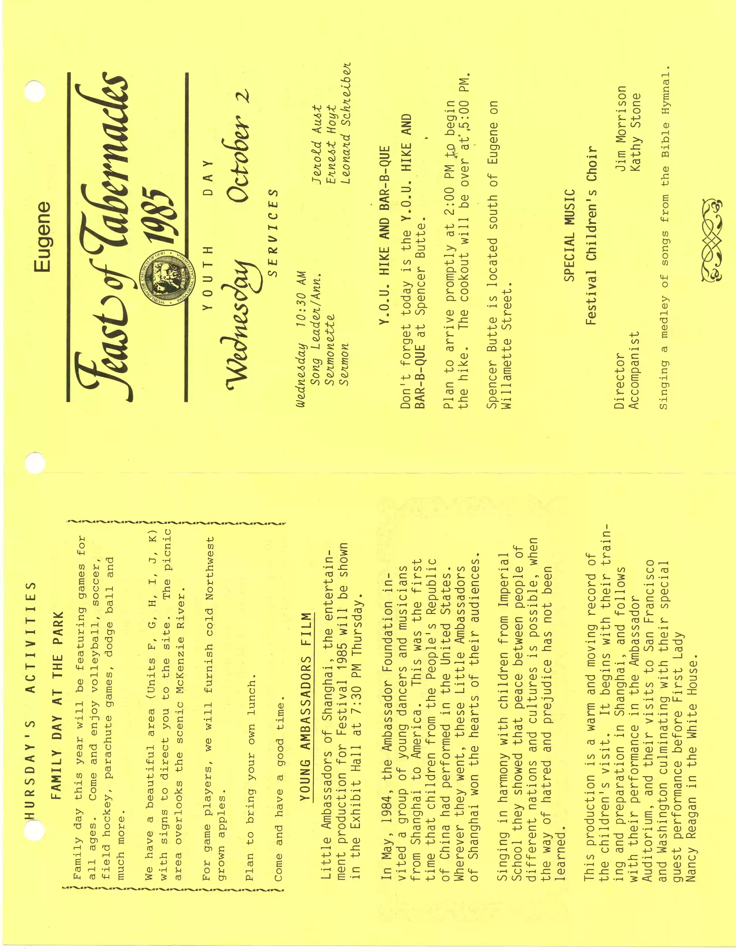 Eugene FT bulletin 10-2-85, pg1